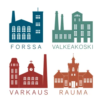 piirroskuva, neliön muodossa eri väriset tehdassilhuetit, rakennusten alla tekstit Forssa, Valkeakoski, Varkaus, Rauma