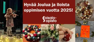 Hyvää Joulua ja iloista oppimisen vuotta 2025! -kortti. Kuvissa pieni viulun soittaja ja kuvia jouluisilta kursseilta.