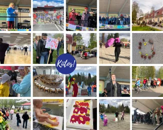 Kuvakollaasi on koristeellinen kokoelma erilaisia tapahtumakuvia. Sinisessä pallossa lukee "Kiitos!".